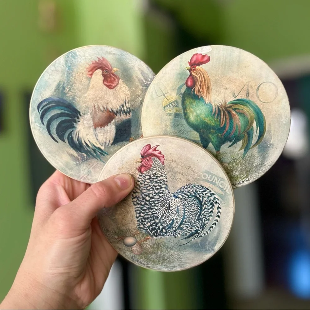VTG Rustic Farmhouse Rooster Cottagecore Home Corked Back Coasters Set of 3 - Picture 2 of 8